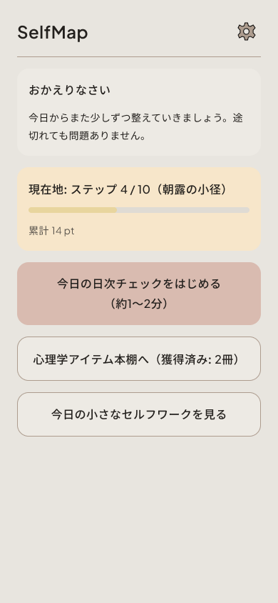 SelfMapのホーム画面。現在の進捗、日次チェック、本棚、セルフワークへの入り口を表示した開発中のモック。
