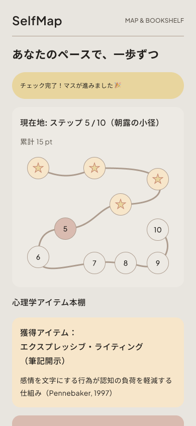 SelfMapのマップと本棚画面。進捗マップ、現在地、累計ポイント、獲得した心理学アイテムを表示した開発中のモック。
